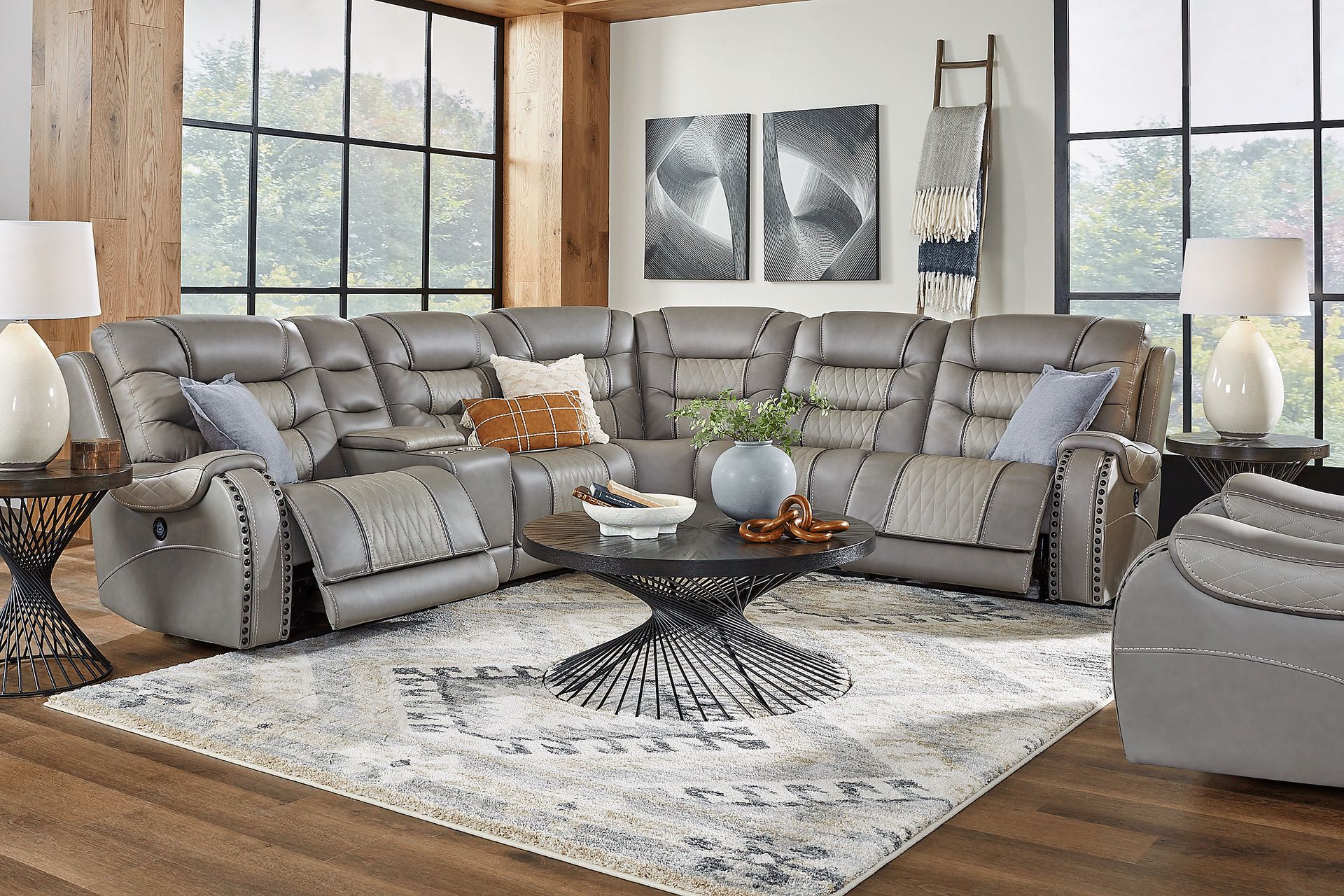 Headliner Gray Leather 6 Pc Dual Power Reclining Sectional - Image 2