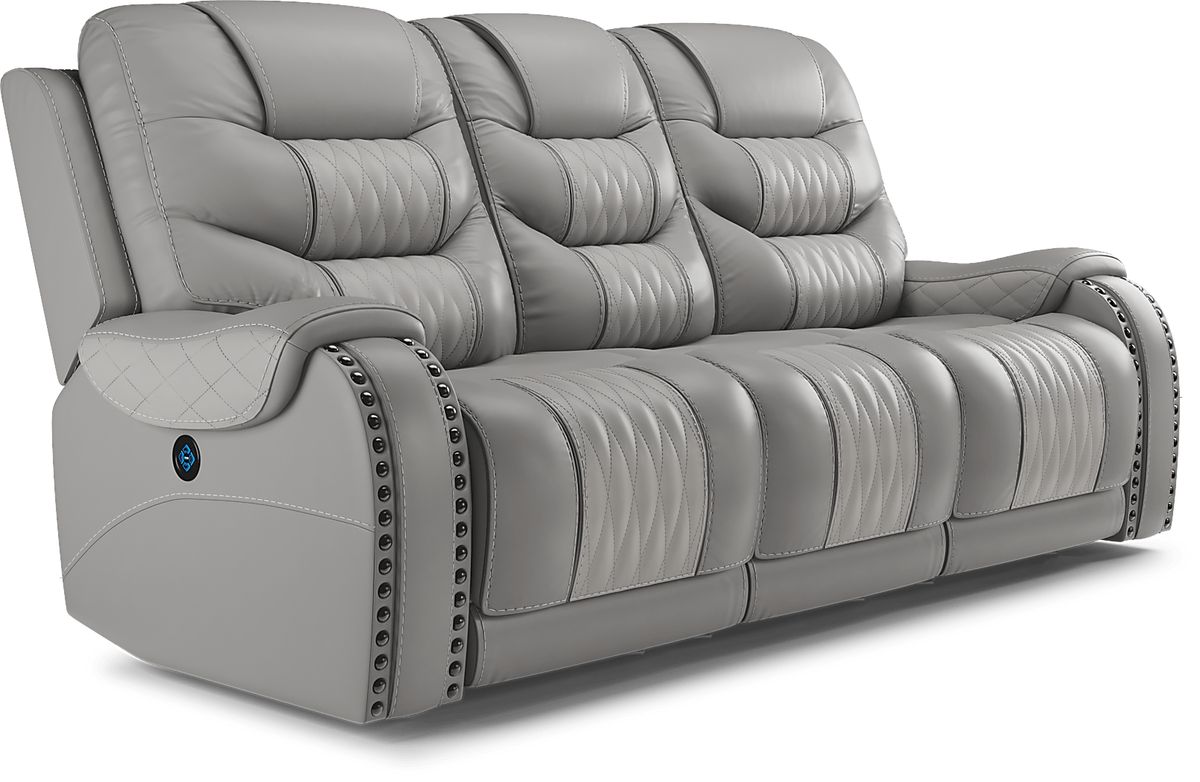 Headliner Gray Leather Dual Power Reclining Sofa | Rooms to Go