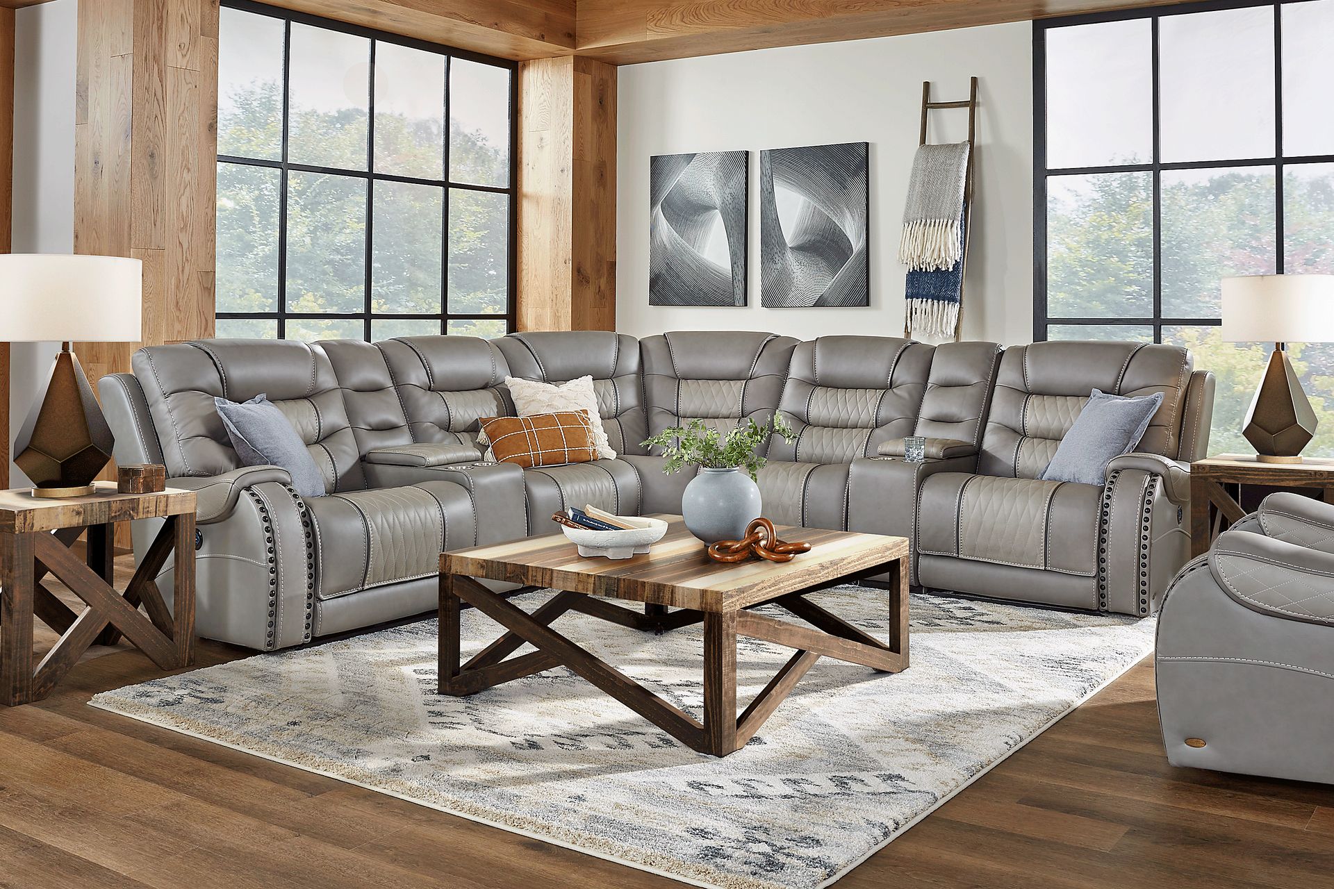 Headliner Gray Leather 7 Pc Dual Power Reclining Sectional - Image 2