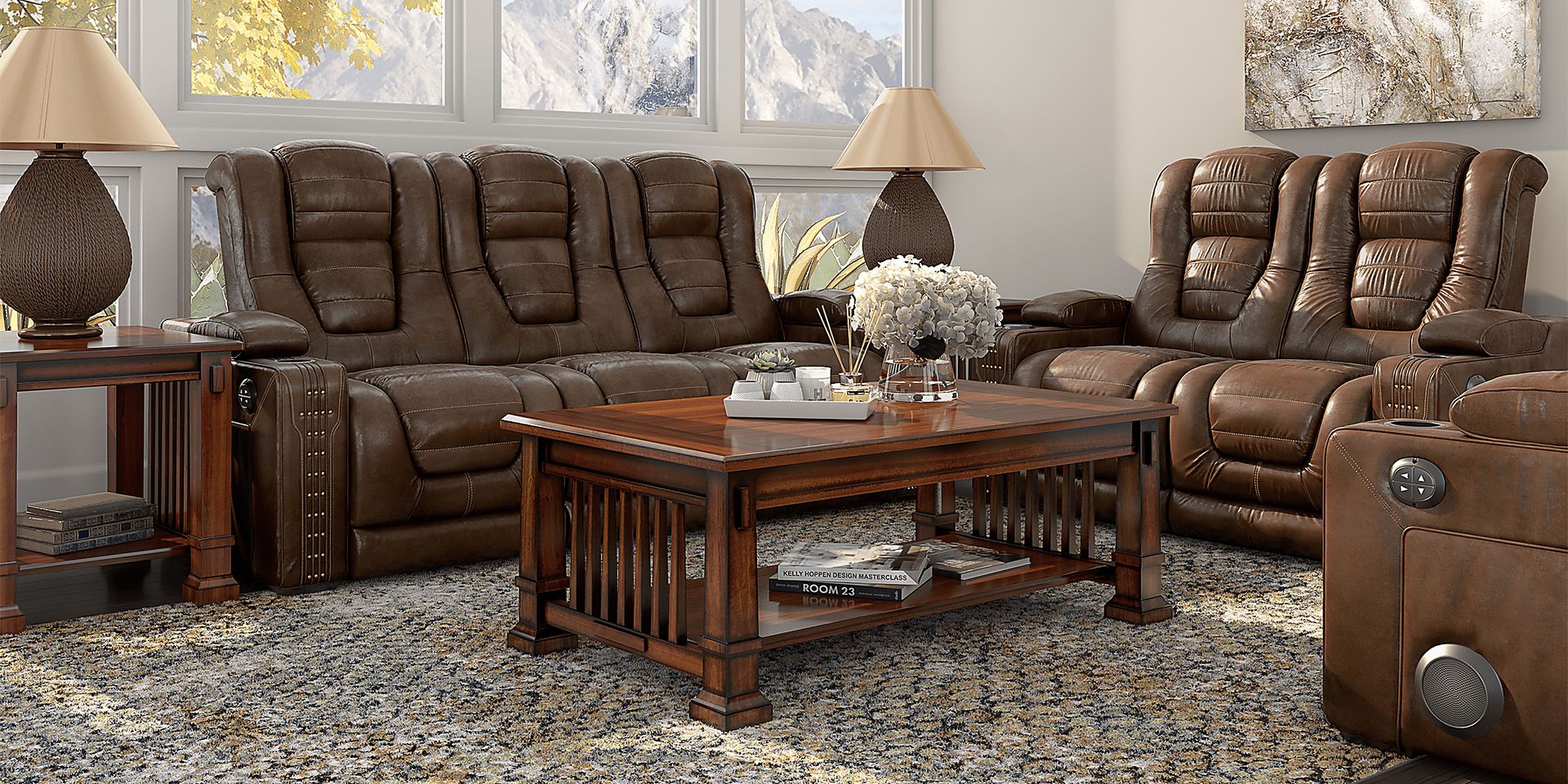 Eric Church Highway To Home Renegade Brown Leather 7 Pc Living Room with Dual Power Reclining Sofa - Image 1