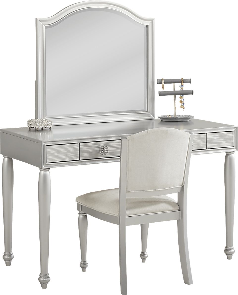 Evangeline Silver Vanity Desk with Mirror and Chair Set