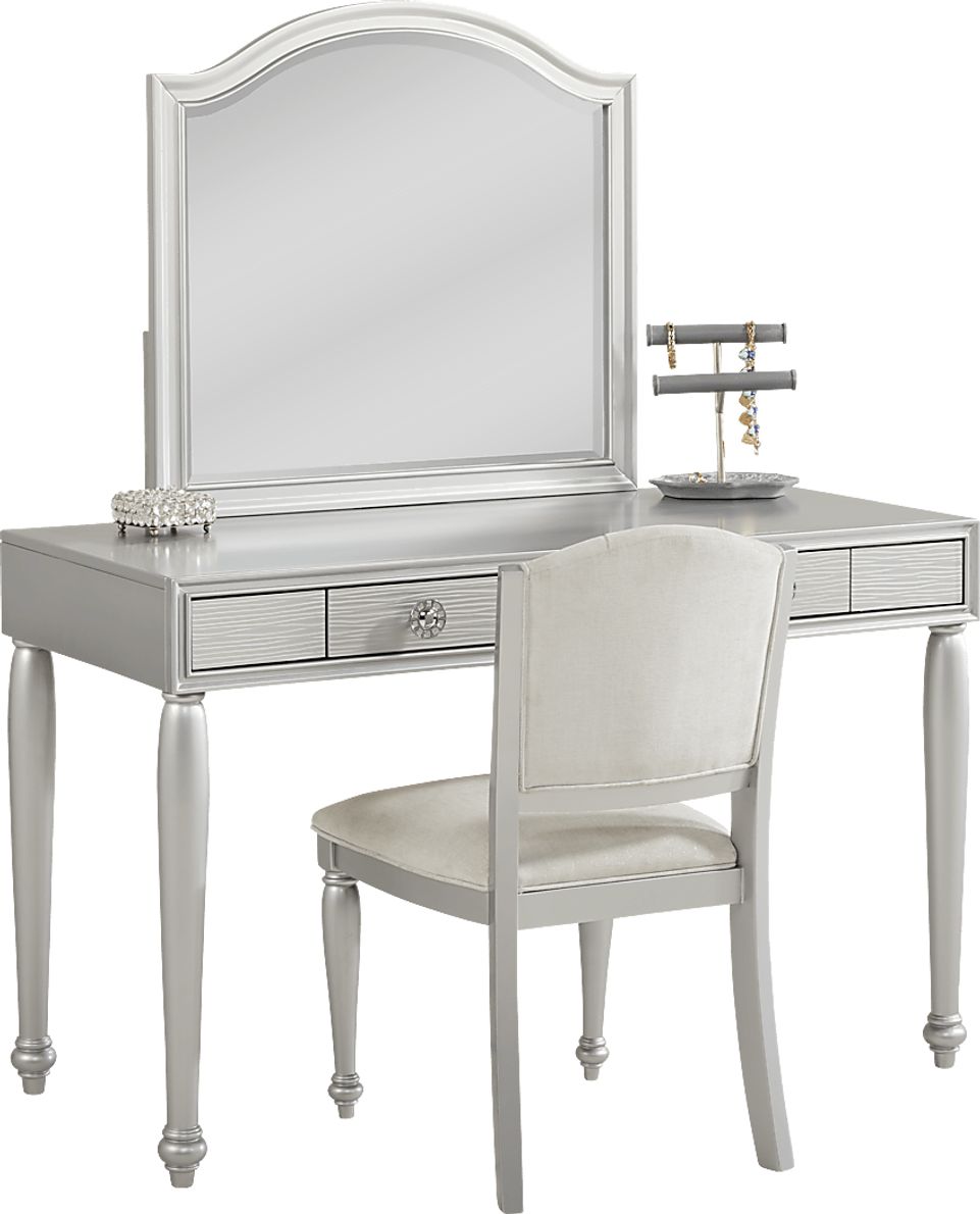 Evangeline Silver Vanity Desk with Mirror and Chair Set Rooms To Go