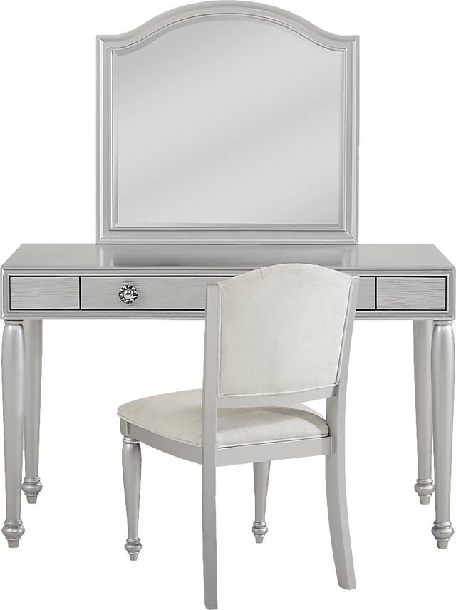 Evangeline Silver Vanity Desk with Mirror and Chair Set - Thumbnail - Image 1