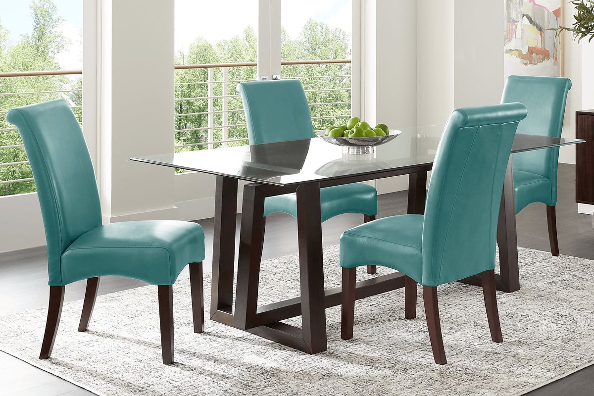 Fanmoore 5 Pc Espresso Dark Wood Aqua Blue Dining Room Set