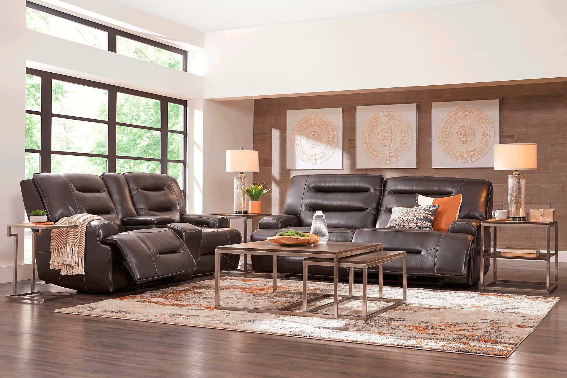 Farona Black Cherry Leather 5 Pc Dual Power Reclining Living Room - Image 1