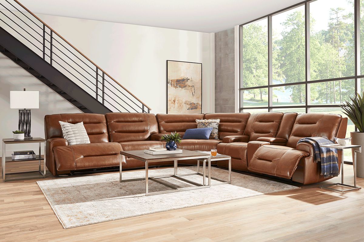 Farona Caramel Brown Leather 3 Pc Dual Power Reclining Sectional ...