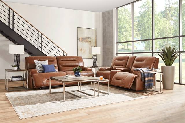 Farona Caramel Leather 5 Pc Dual Power Reclining Living Room - Thumbnail - Image 1