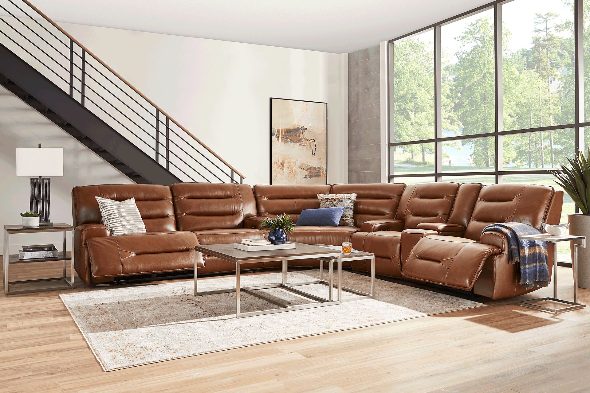 Tan leather sectional with recliner sale