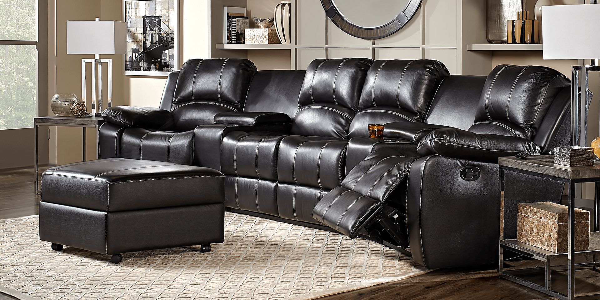 Fenway Heights Black 5 Pc Leather Reclining Sectional - Image 2