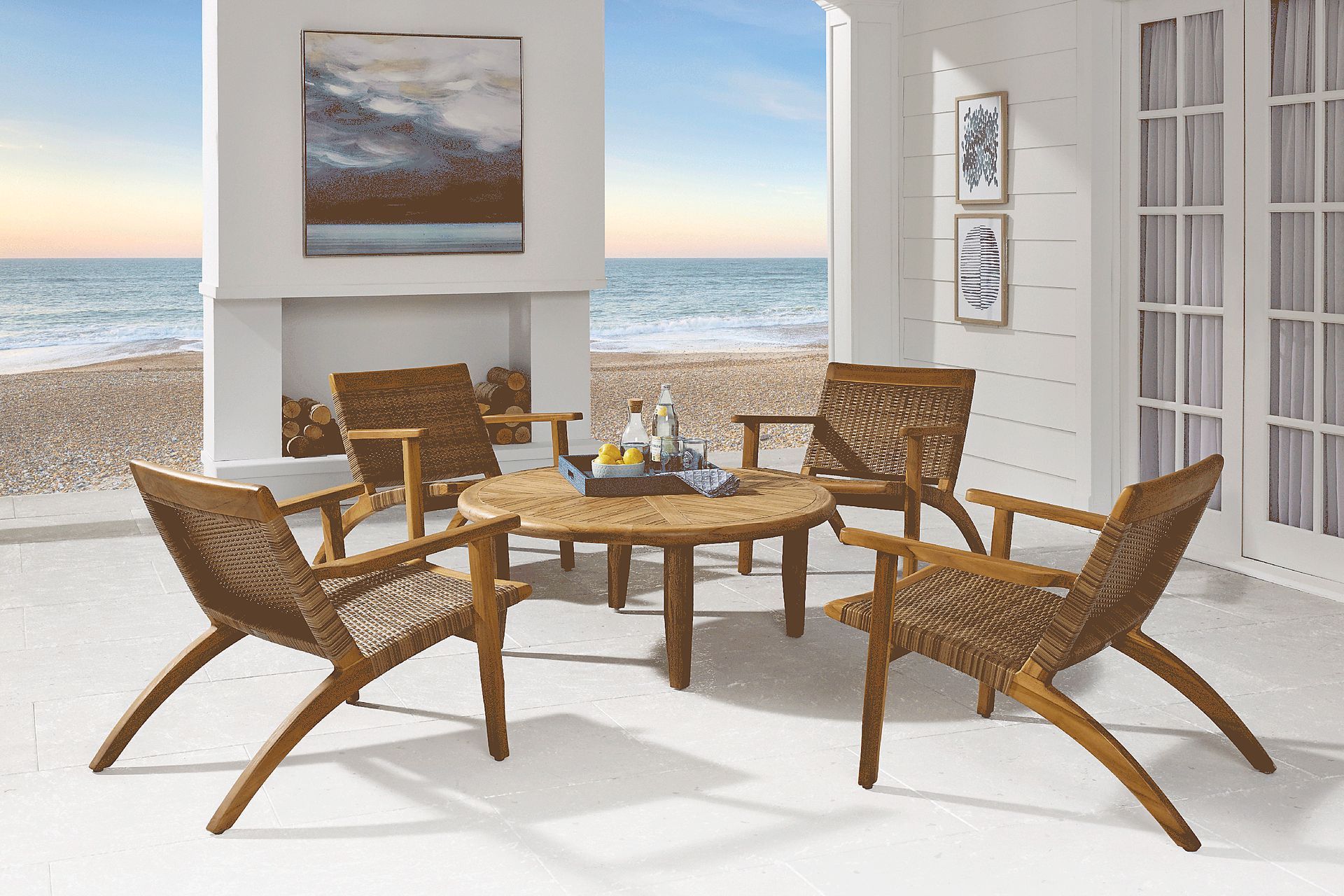 Hagen Tan Teak 5 Pc Round Outdoor Chat Seating Set - Image 1