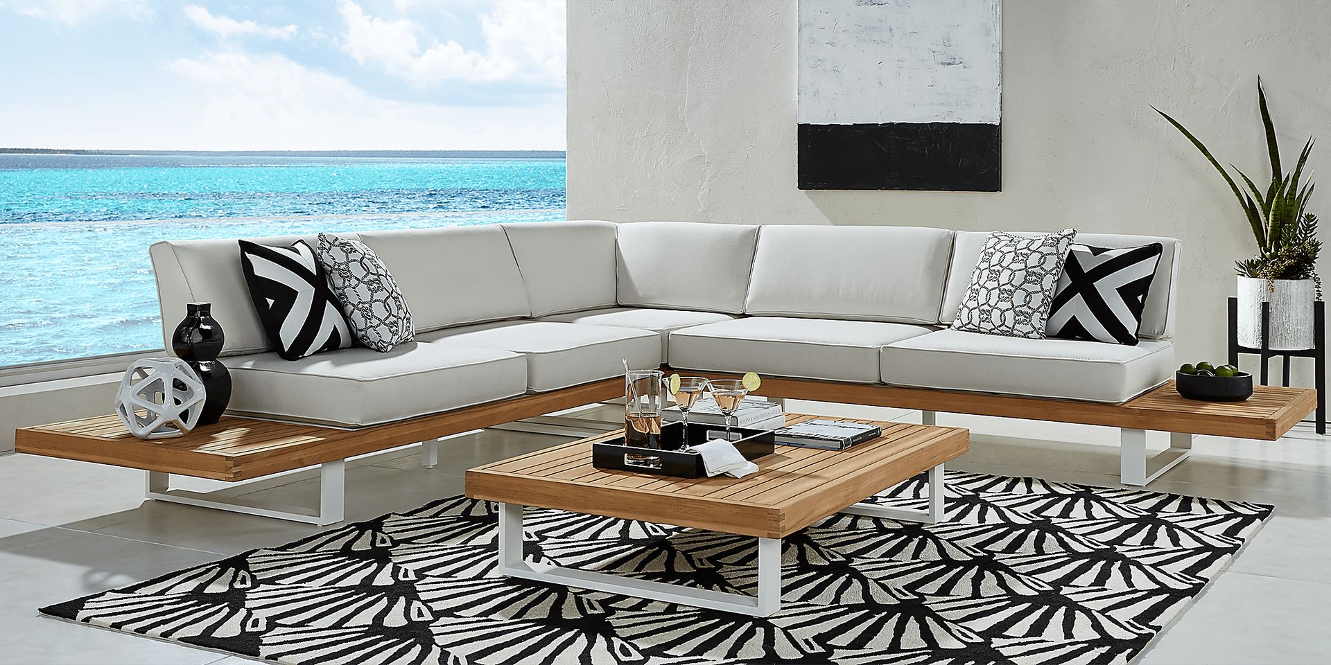 Platform 3 Pc Outdoor Sectional with White Sand Cushions - Image 2