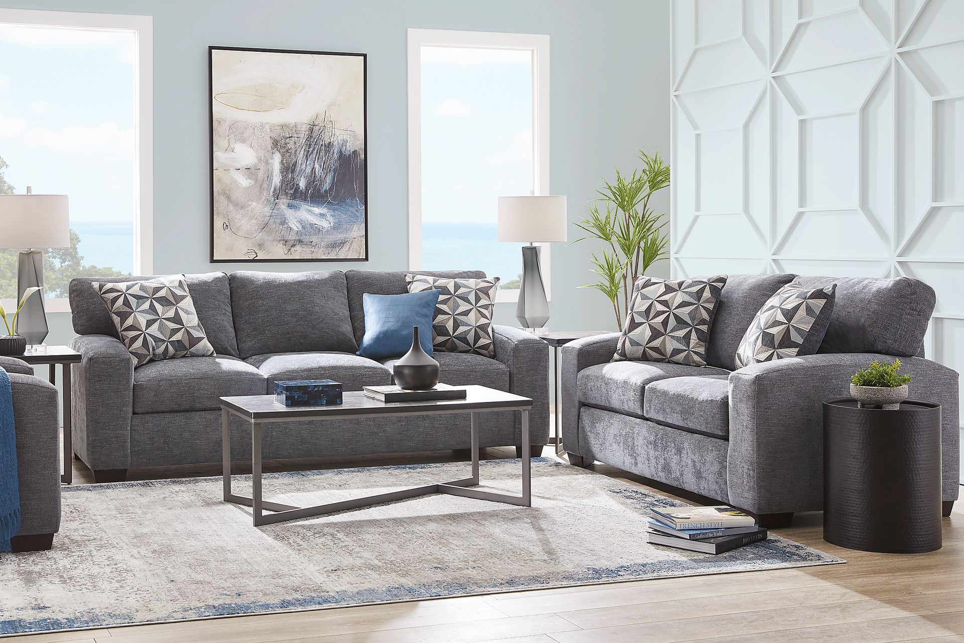 Finley Point 8 Pc Granite Gray Chenille Fabric Living Room Set With ...