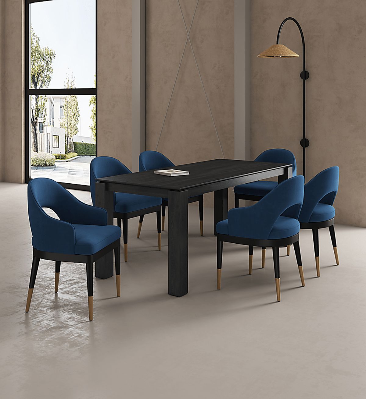 Fischbeck Black,Blue Velvet Plush Black And Blue 7 Pc Dining Table Set | Rooms to Go