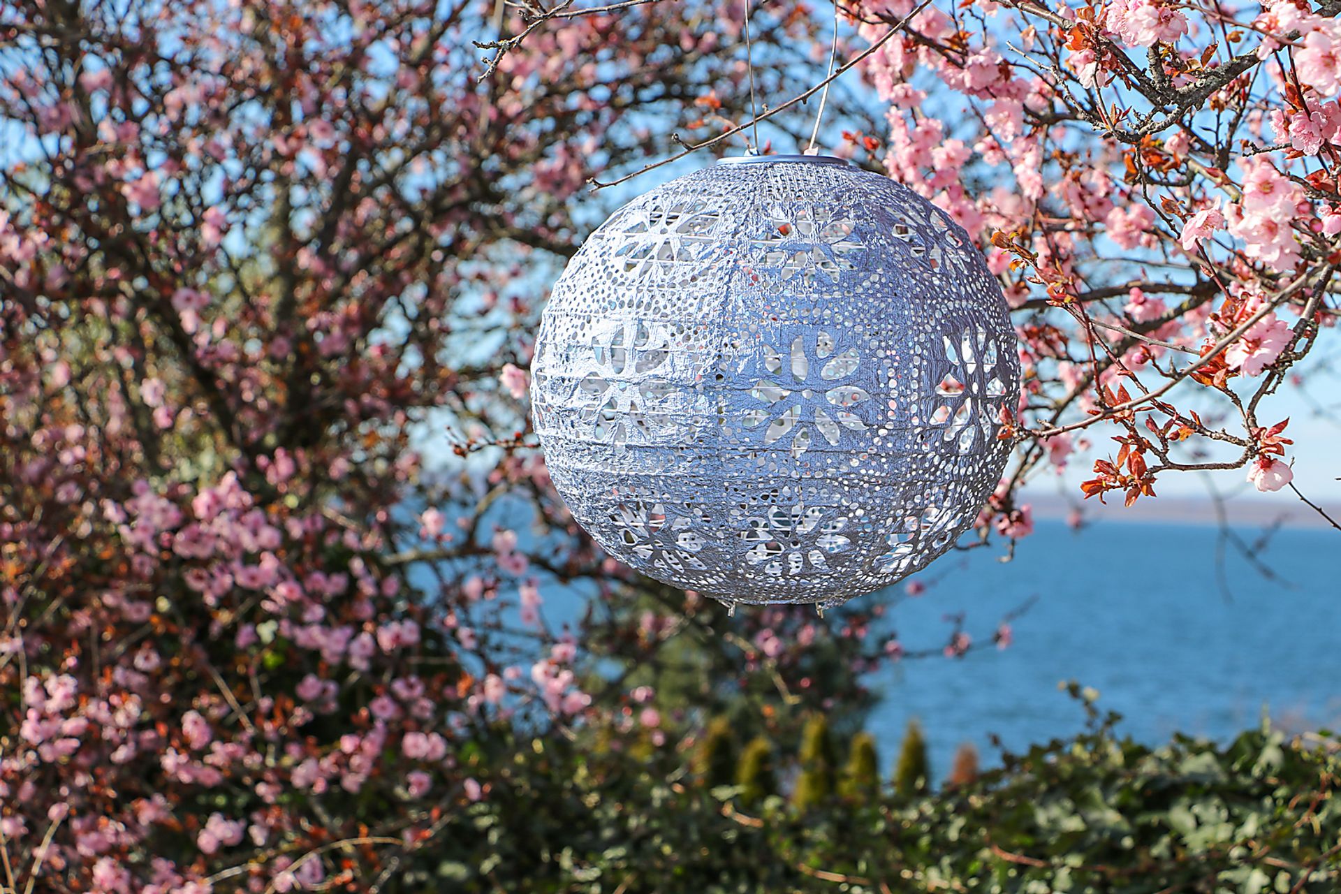 Floral Medallion Blue Outdoor Solar Lantern - Image 2