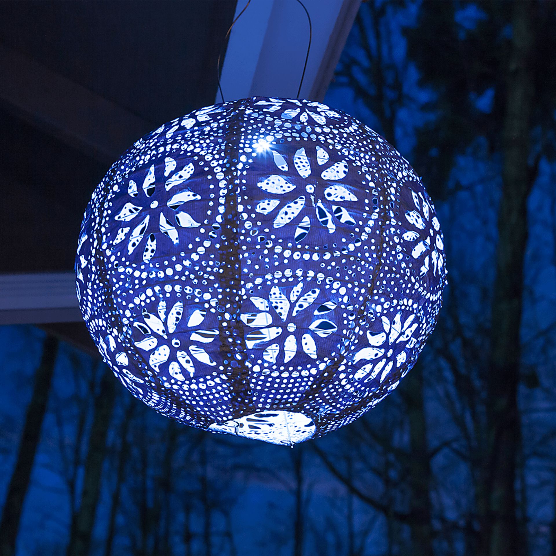 Floral Medallion Blue Outdoor Solar Lantern - Image 5