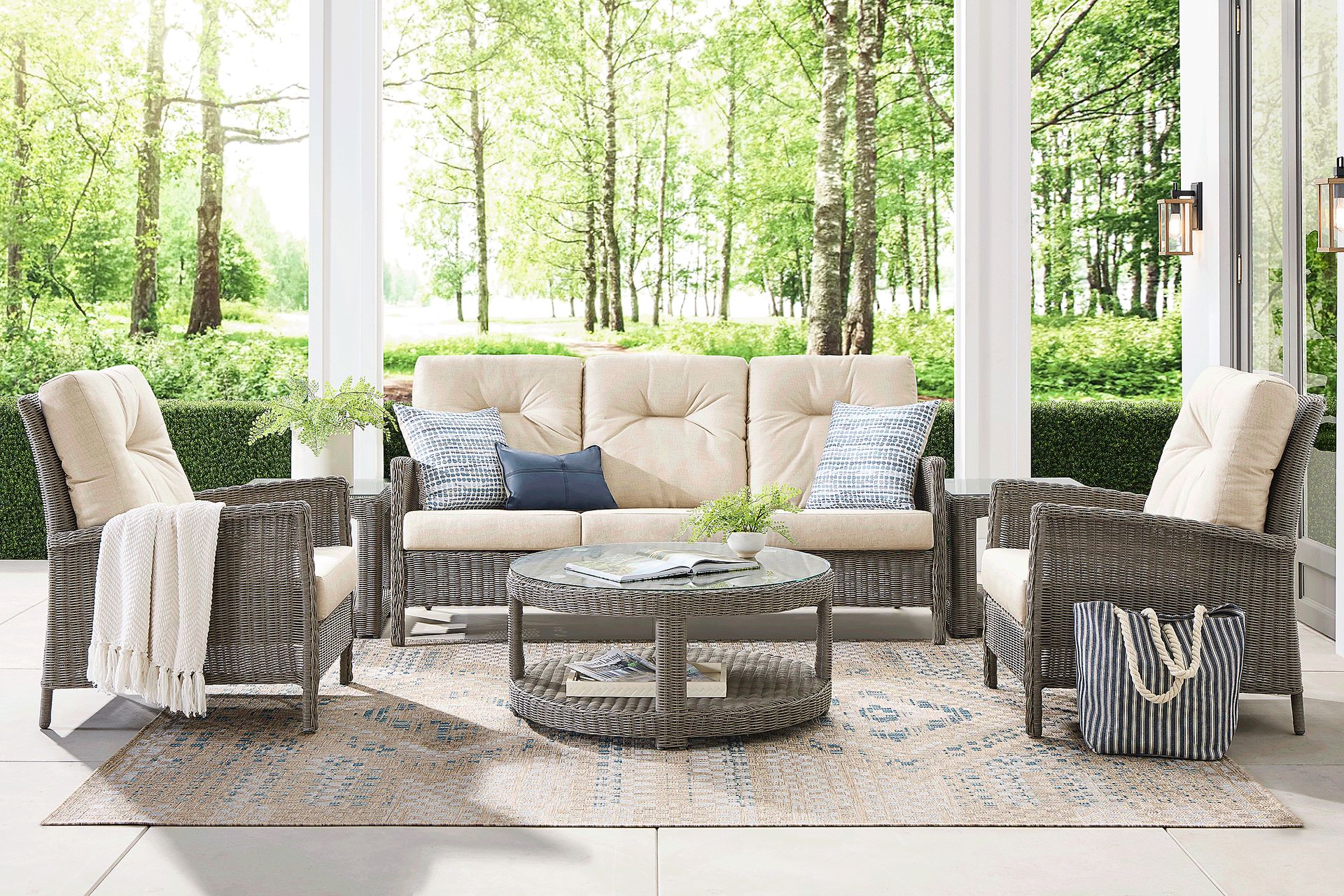 Forest Hills Gray 3 Pc Outdoor Seating Set with Beige Cushions - Image 1