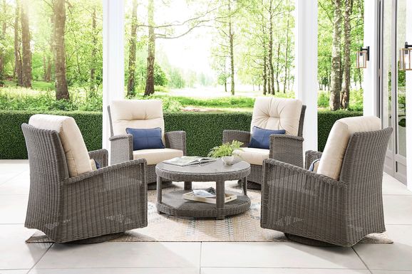 Forest Hills Gray 5 Pc Outdoor Chat Set with Swivel Chairs and Beige Cushions