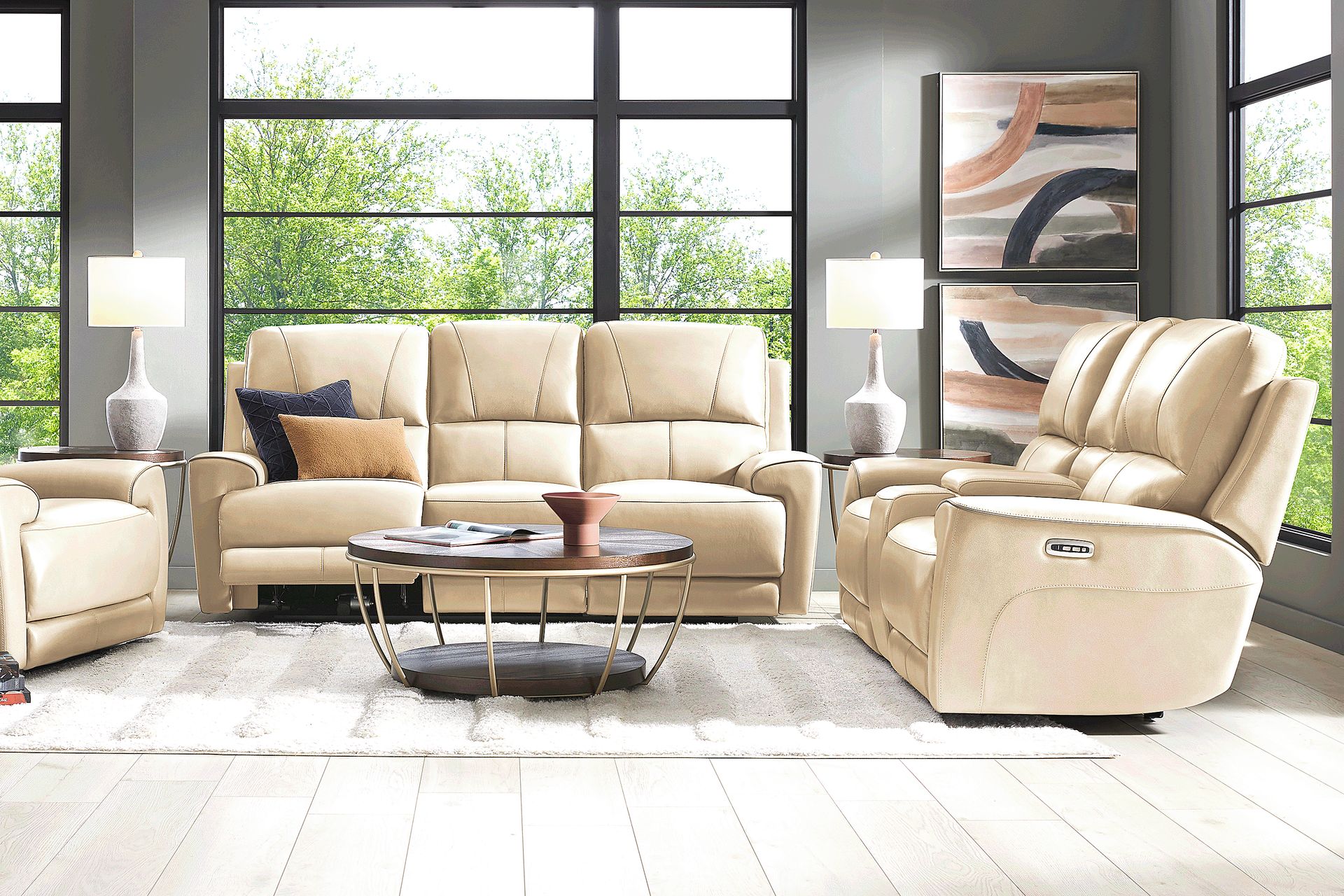 Fremont Almond Leather 7 Pc Dual Power Reclining Living Room - Image 1