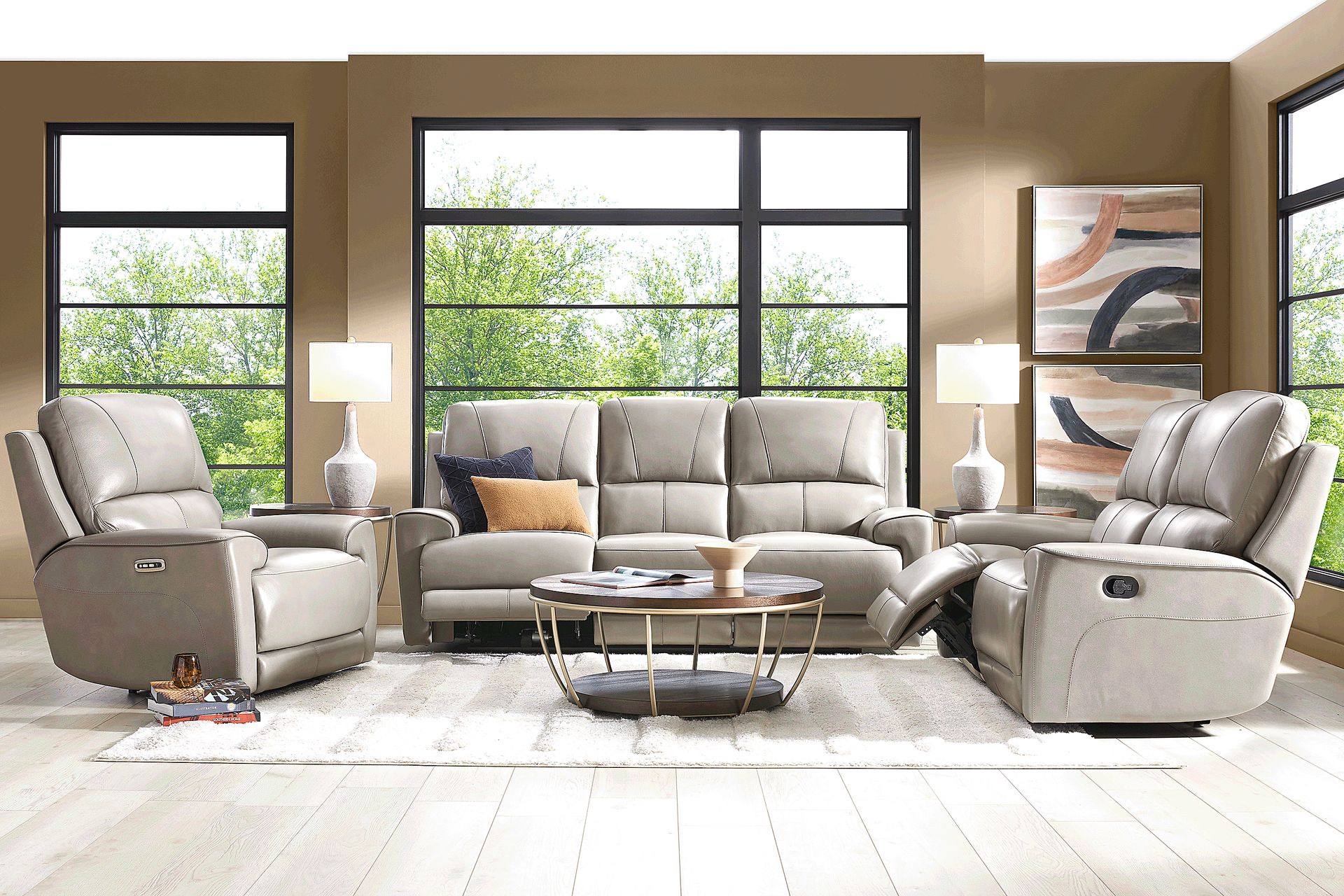 Fremont Gray Leather 5 Pc Living Room with Dual Power Reclining Sofa - Image 1