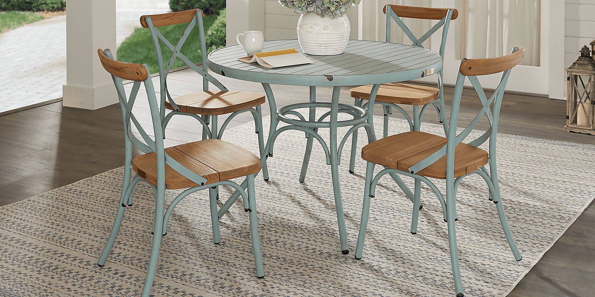 French Cafe Teal 5 Pc 42 in. Round Outdoor Dining Set - Image 1