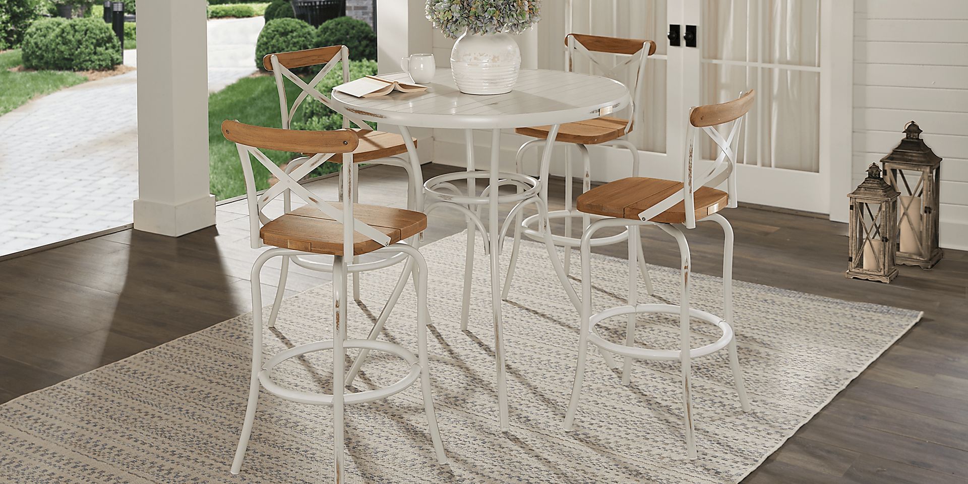 French Cafe White 5 Pc 42 in. Round Outdoor Bar Height Dining Set - Image 1