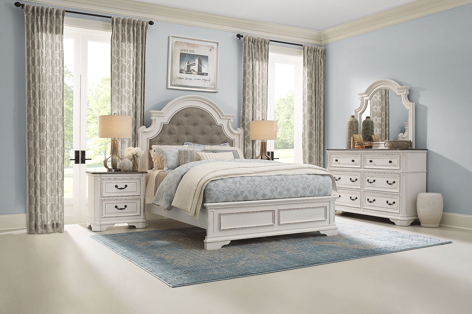 French Market White 3 Pc Queen Upholstered Bed - Image 2