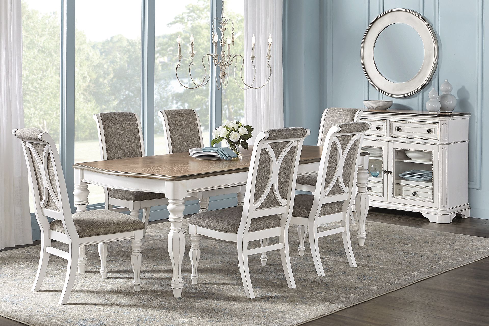 French Market White 5 Pc Rectangle Dining Room with Upholstered Chairs - Image 1