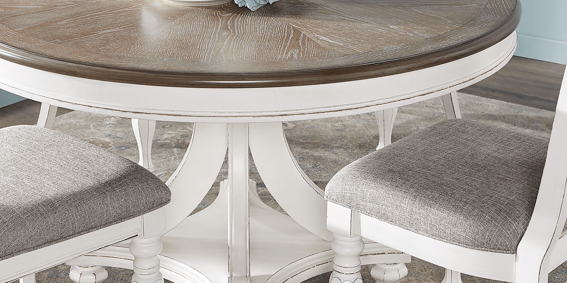 French Market White 5 Pc Round Dining Room with Upholstered Chairs - Image 2