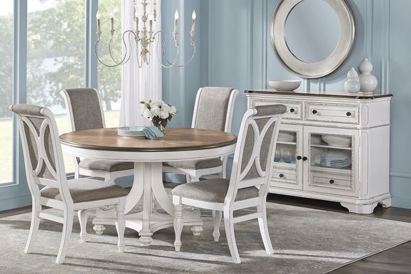 French Market White 5 Pc Round Dining Room with Upholstered Chairs