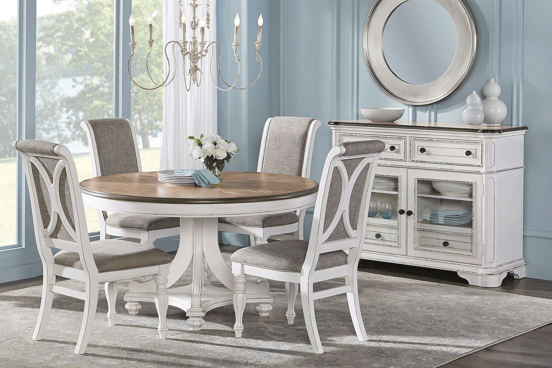 French Market White 5 Pc Round Dining Room with Upholstered Chairs - Image 1