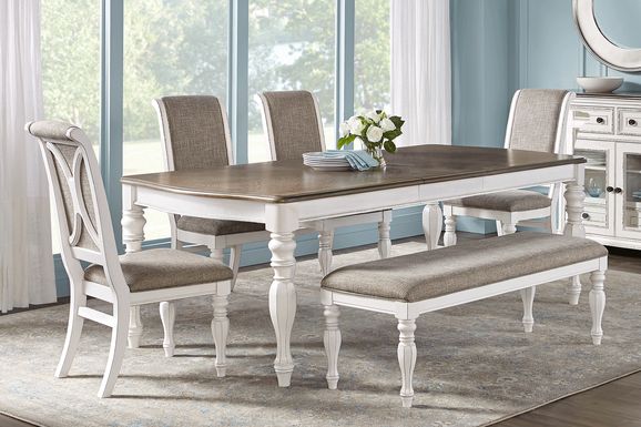 French Market White 6 Pc Rectangle Dining Room with Upholstered Chairs and Dining Bench