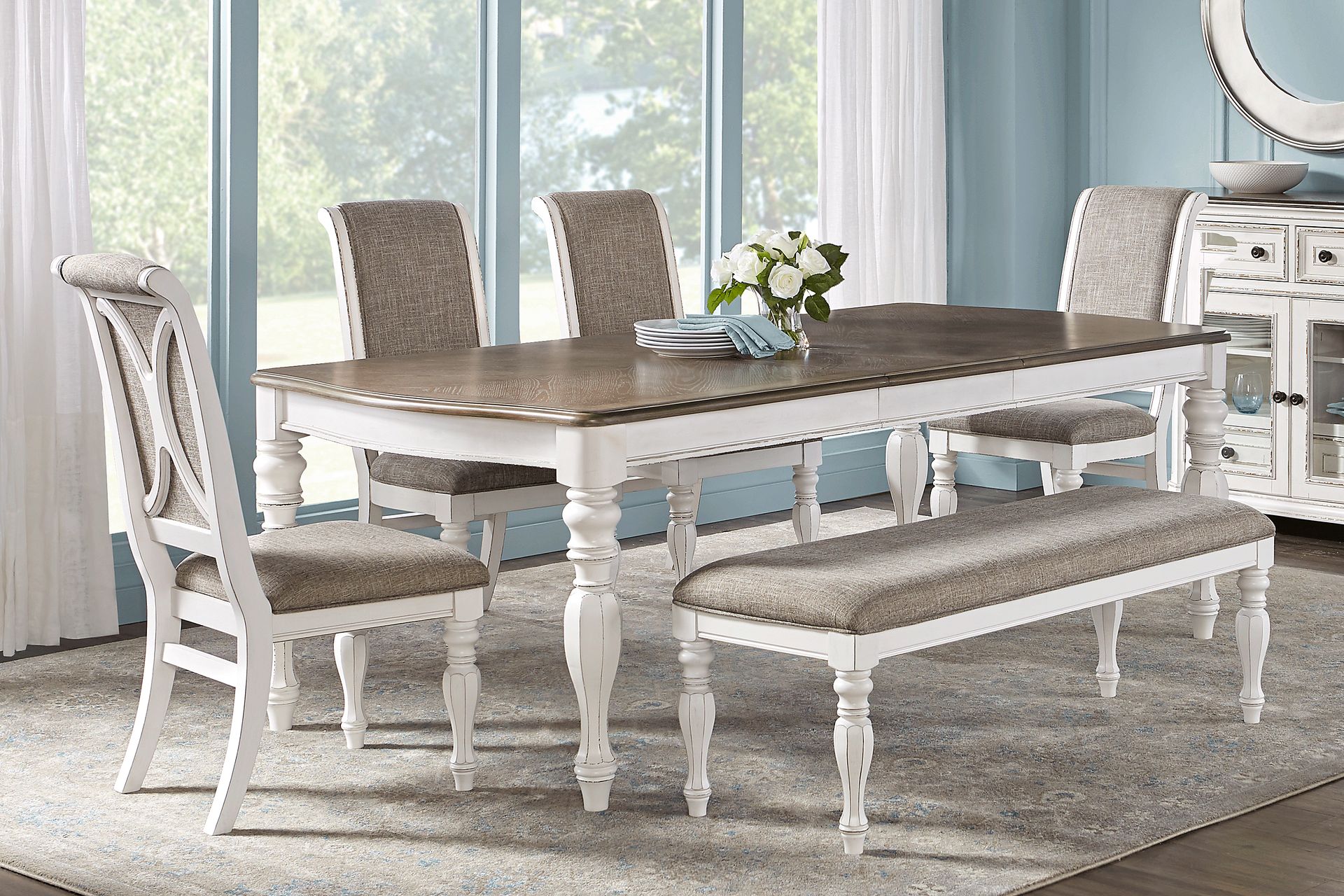 French Market White 6 Pc Rectangle Dining Room with Upholstered Chairs and Dining Bench - Image 1