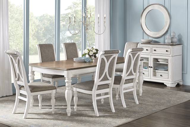 French Market White 8 Pc Rectangle Dining Room with Upholstered Chairs - Thumbnail - Image 1