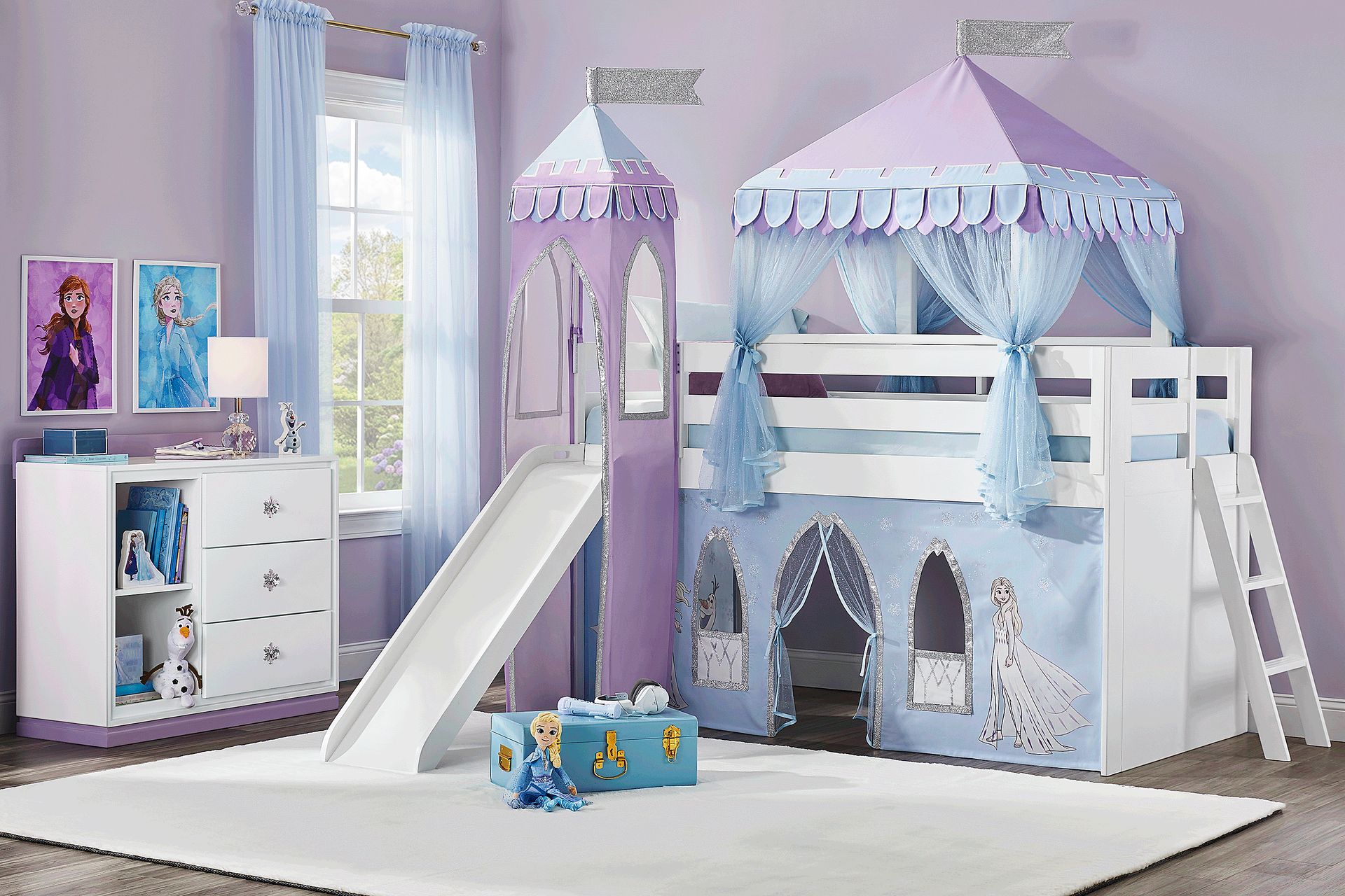 Frozen White Twin Low Loft with Slide, Tent & Tower - Image 2