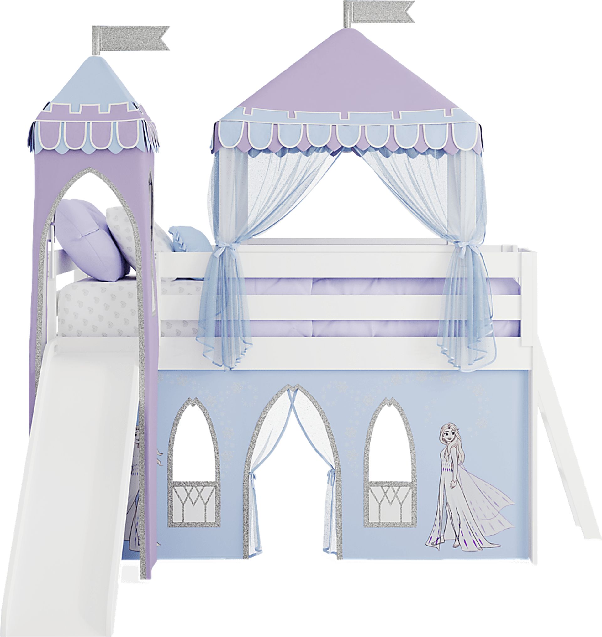 Frozen White Twin Low Loft with Slide, Tent & Tower - Image 3