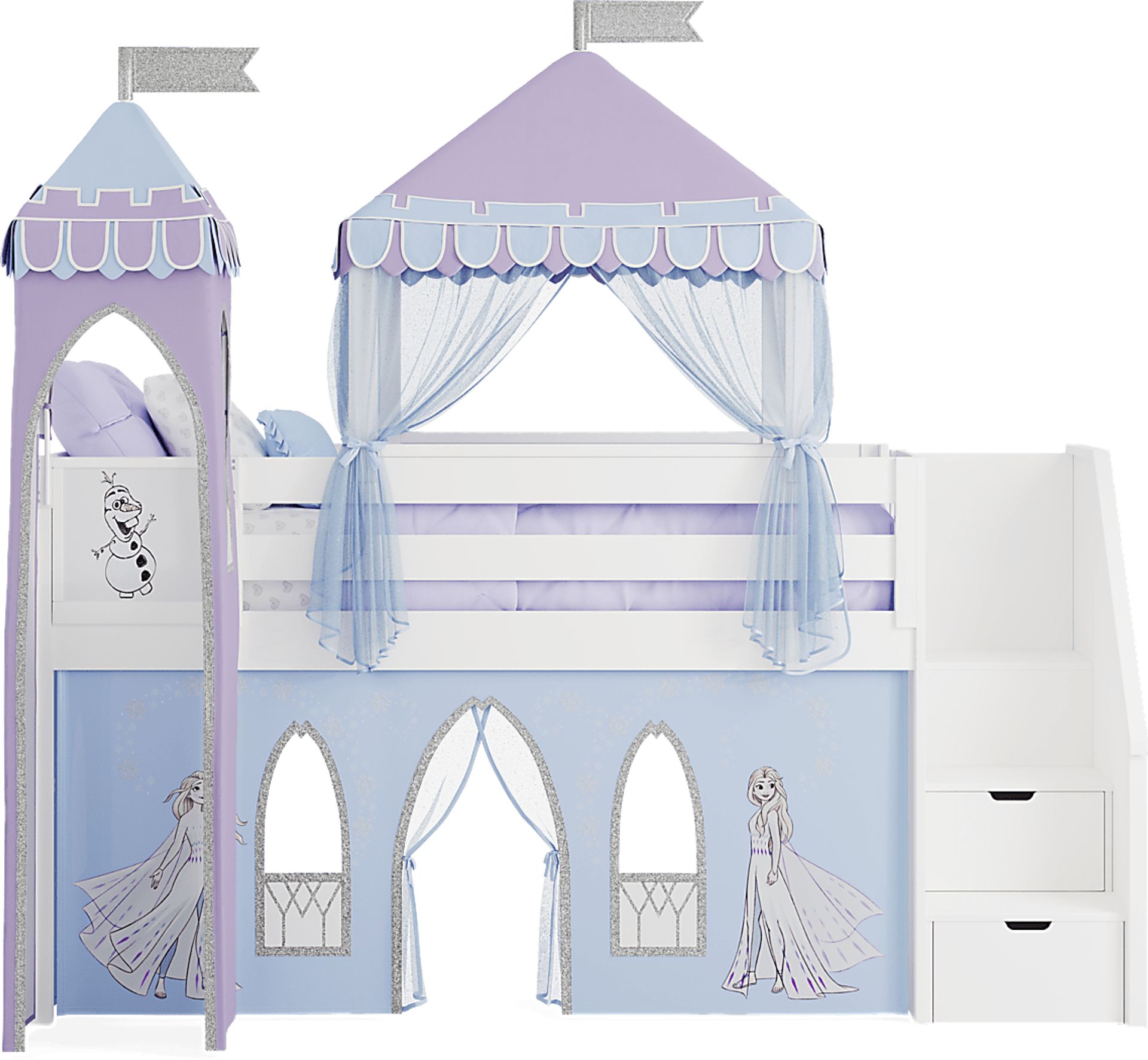 Frozen White Twin Low Step Loft with Activity Panel, Tent & Tower - Image 3