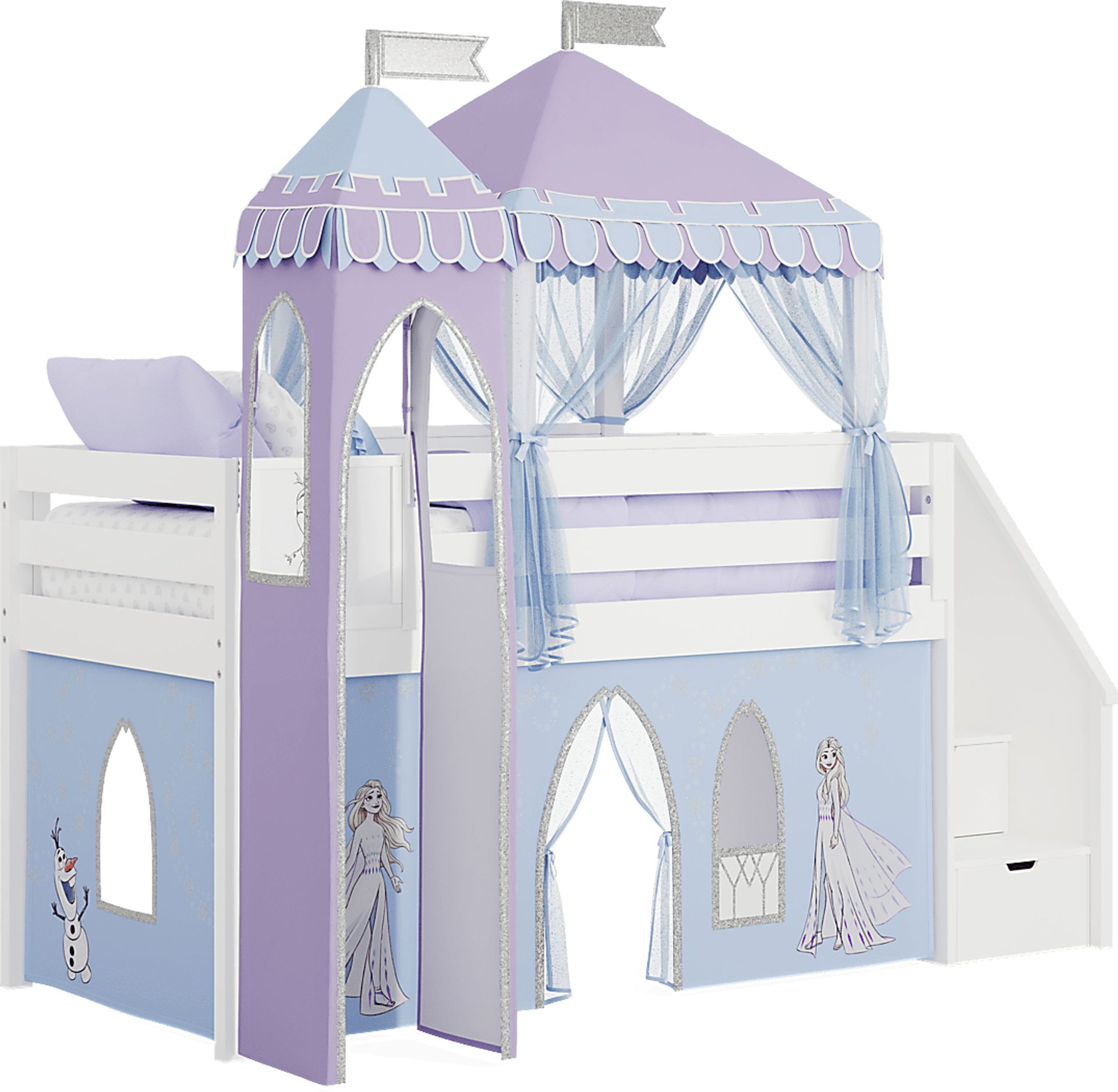 Frozen White Twin Low Step Loft with Activity Panel, Tent & Tower - Image 1