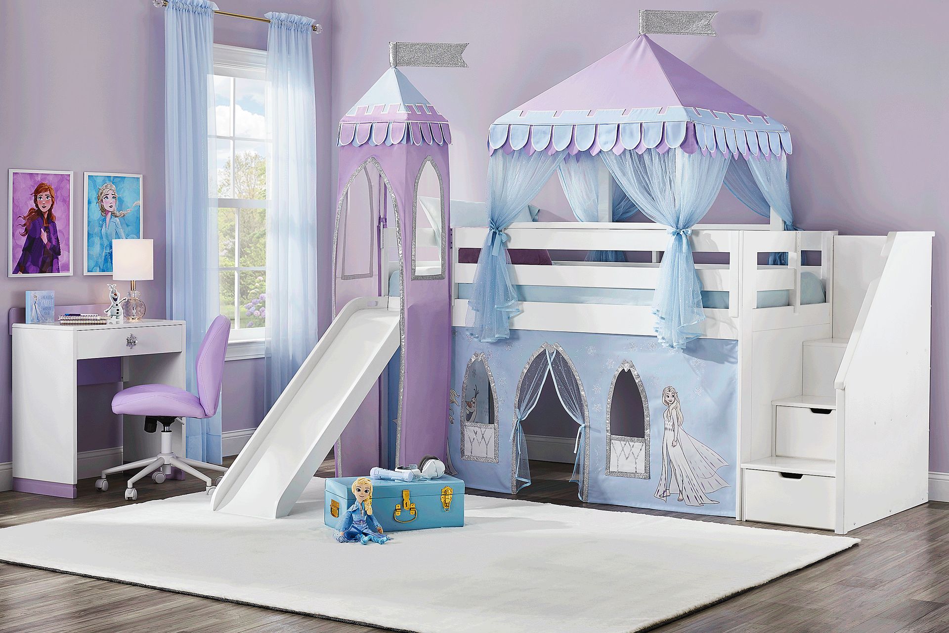 Frozen White Twin Low Step Loft with Slide, Tent & Tower - Image 2