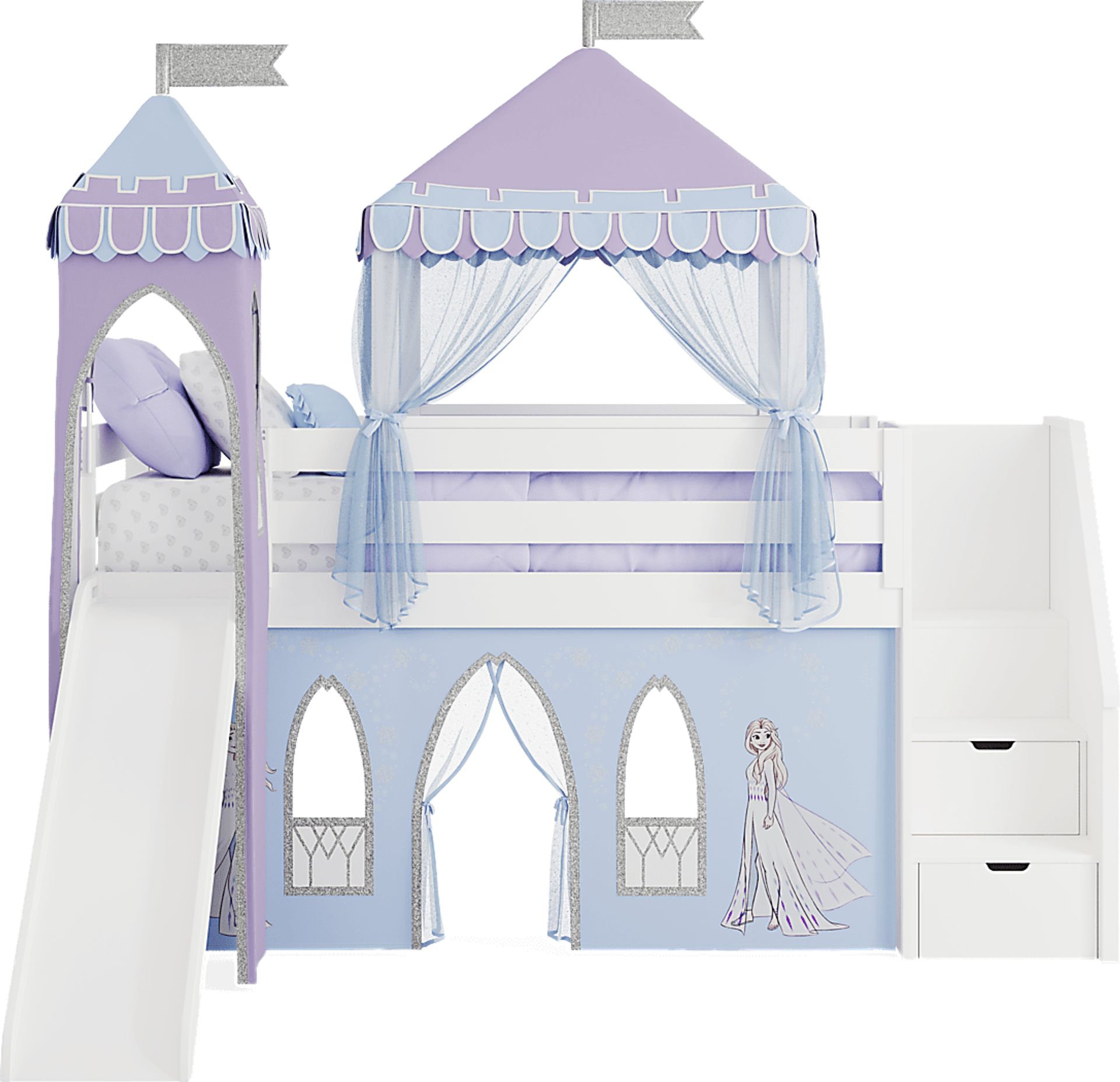 Frozen White Twin Low Step Loft with Slide, Tent & Tower - Image 3