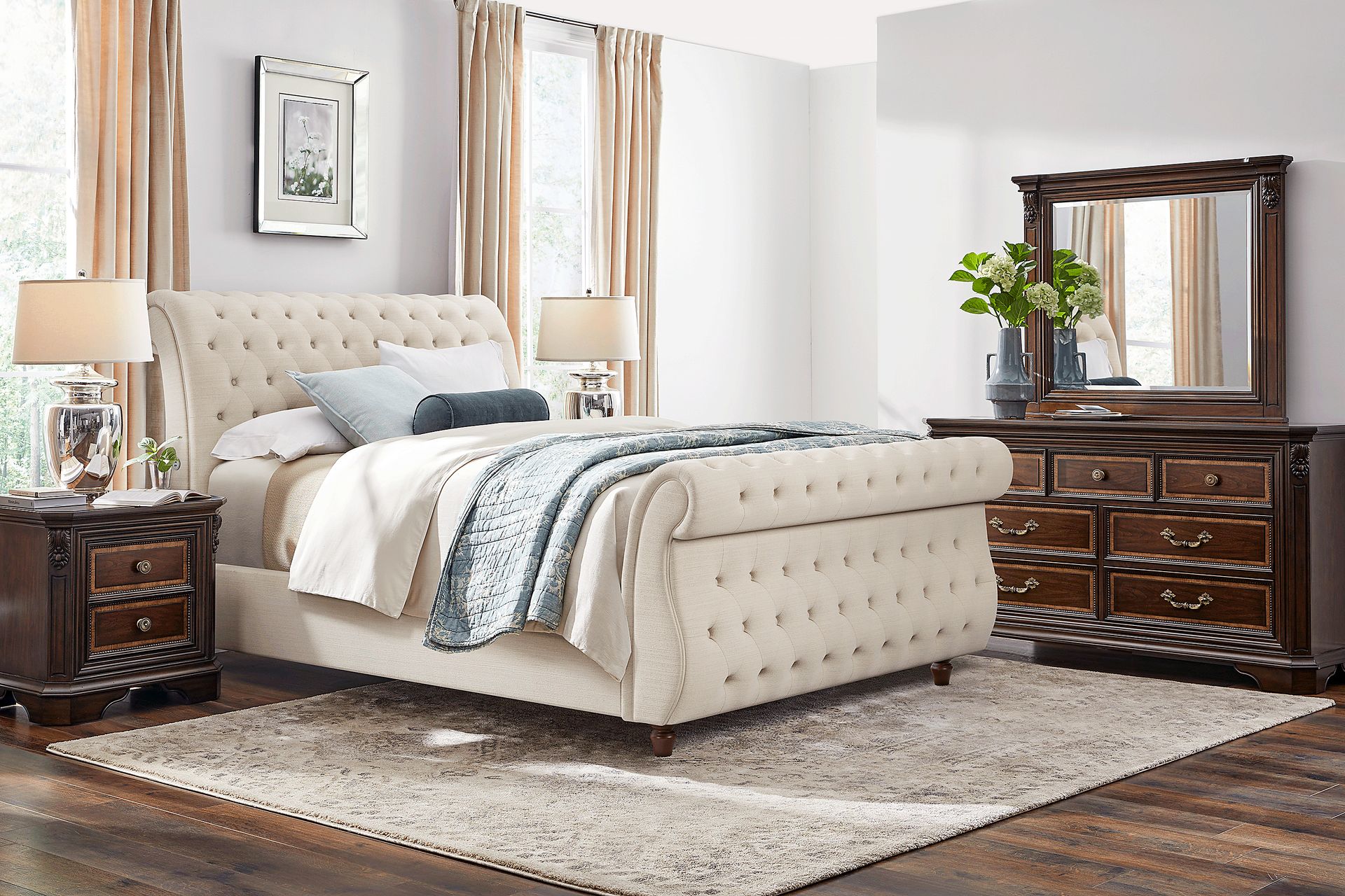 Fuller Brown Cherry 5 Pc Bedroom with Ivy White Upholstered King Sleigh Bed - Image 1