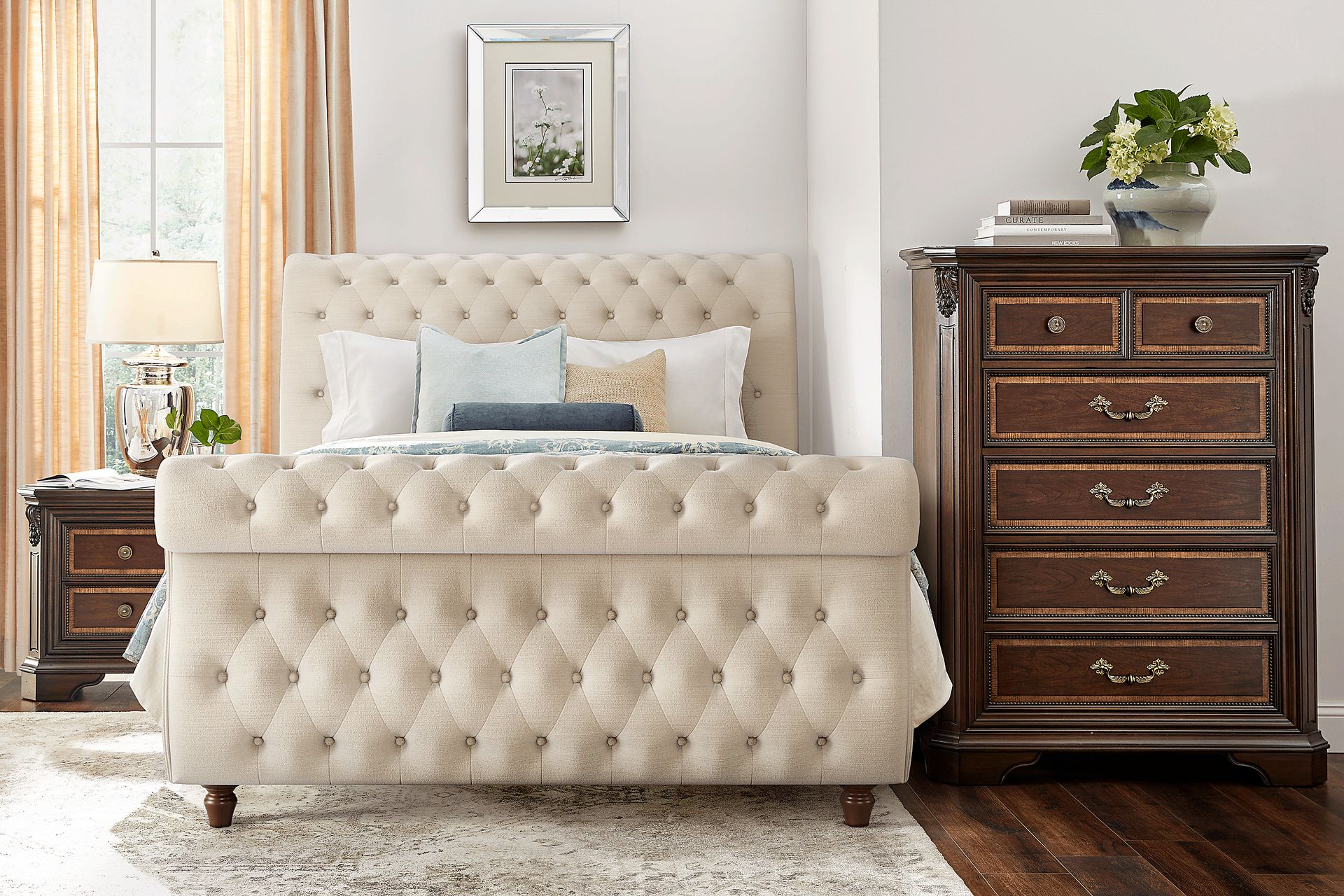 Fuller Brown Cherry 5 Pc Bedroom with Ivy White Upholstered King Sleigh Bed - Image 1