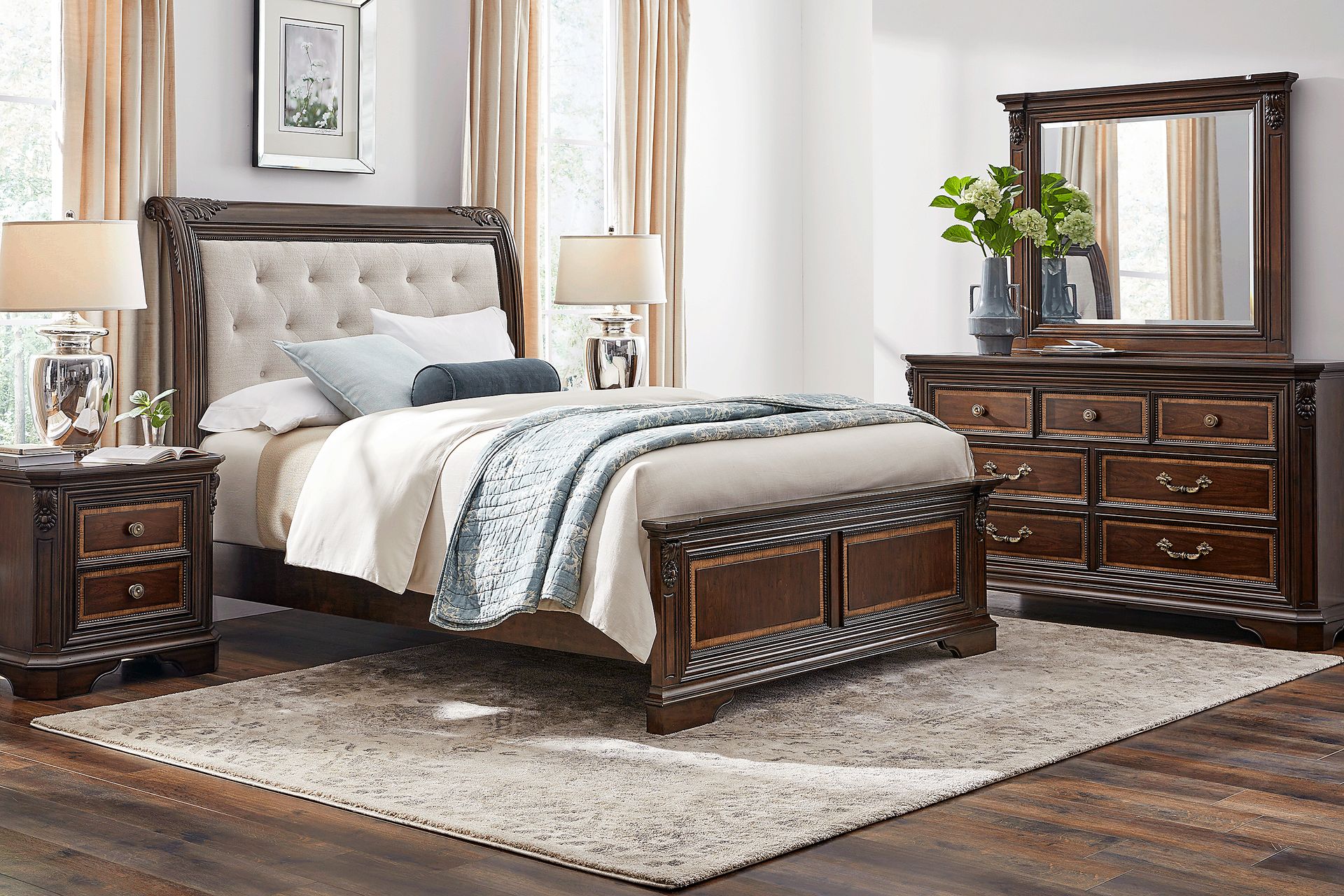 Fuller Brown Cherry 3 Pc Queen Upholstered Sleigh Bed - Image 2