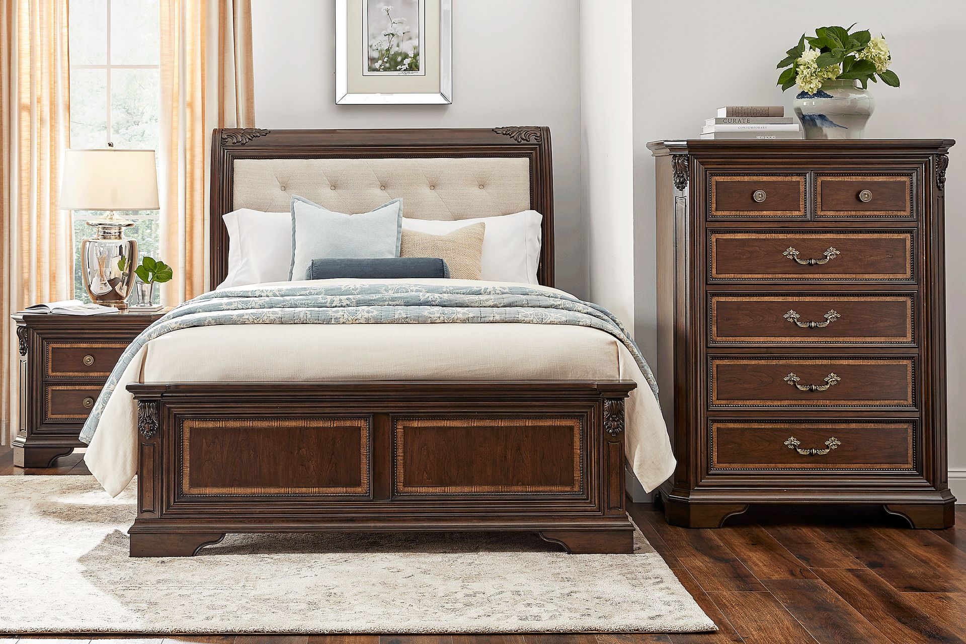 Fuller Brown Cherry 5 Pc Queen Upholstered Sleigh Bedroom - Image 1