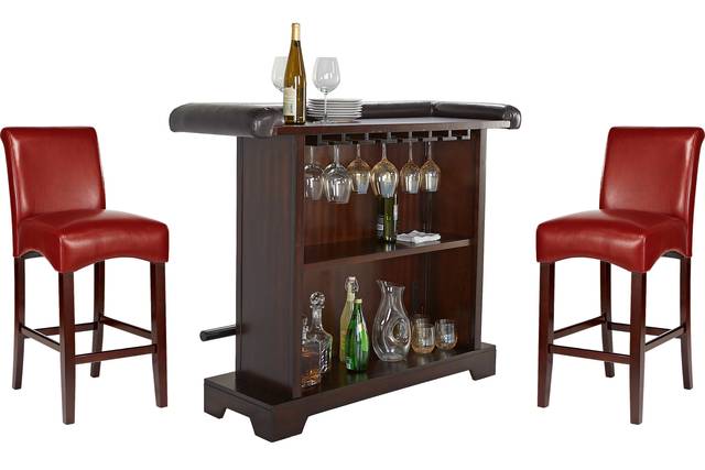 Galeno Cherry 3 Pc Bar Set with Red Barstools - Thumbnail - Image 1