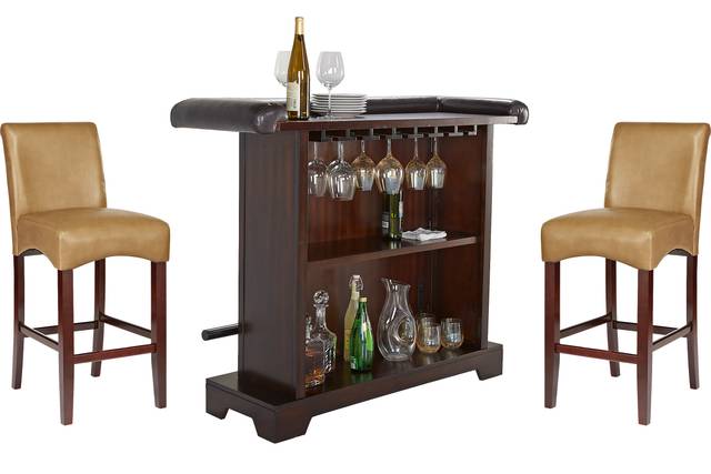 Galeno Cherry 3 Pc Bar Set with Tan Barstools - Thumbnail - Image 1
