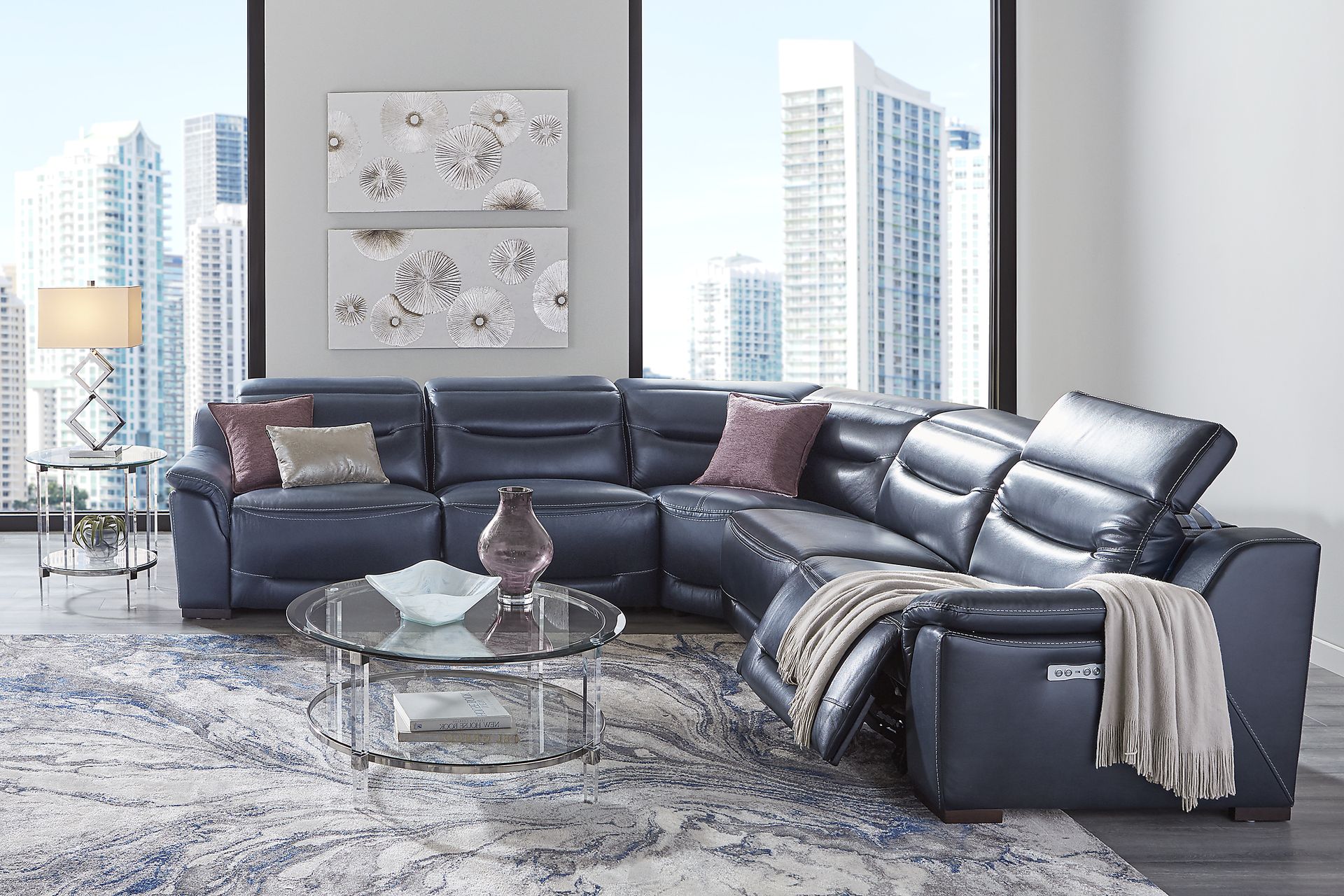 Gallia Way Navy Blue Leather 5 Pc Dual Power Reclining Sectional Rooms to Go