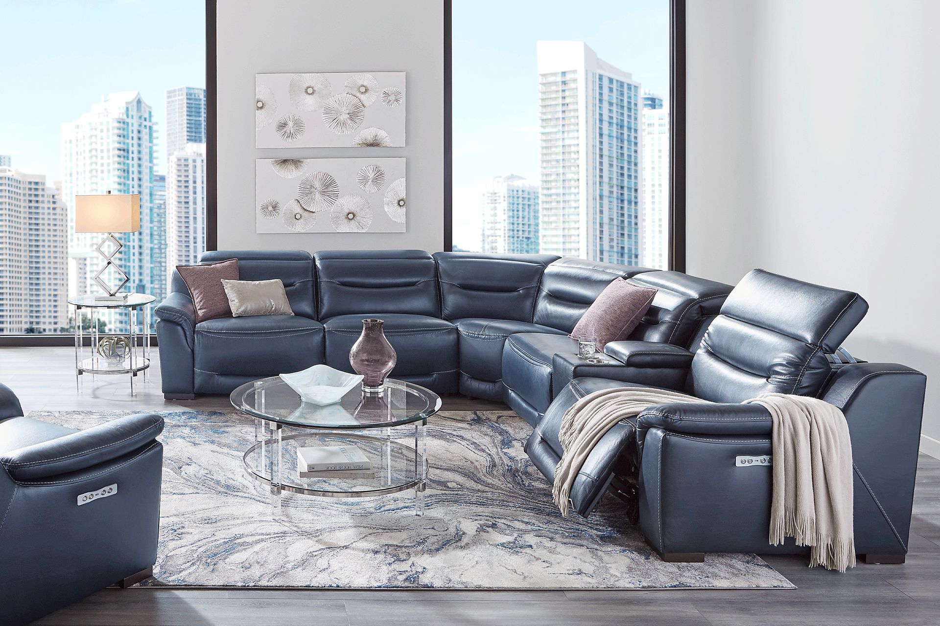 Gallia Way Navy Leather 7 Pc Dual Power Sectional Living Room - Image 1