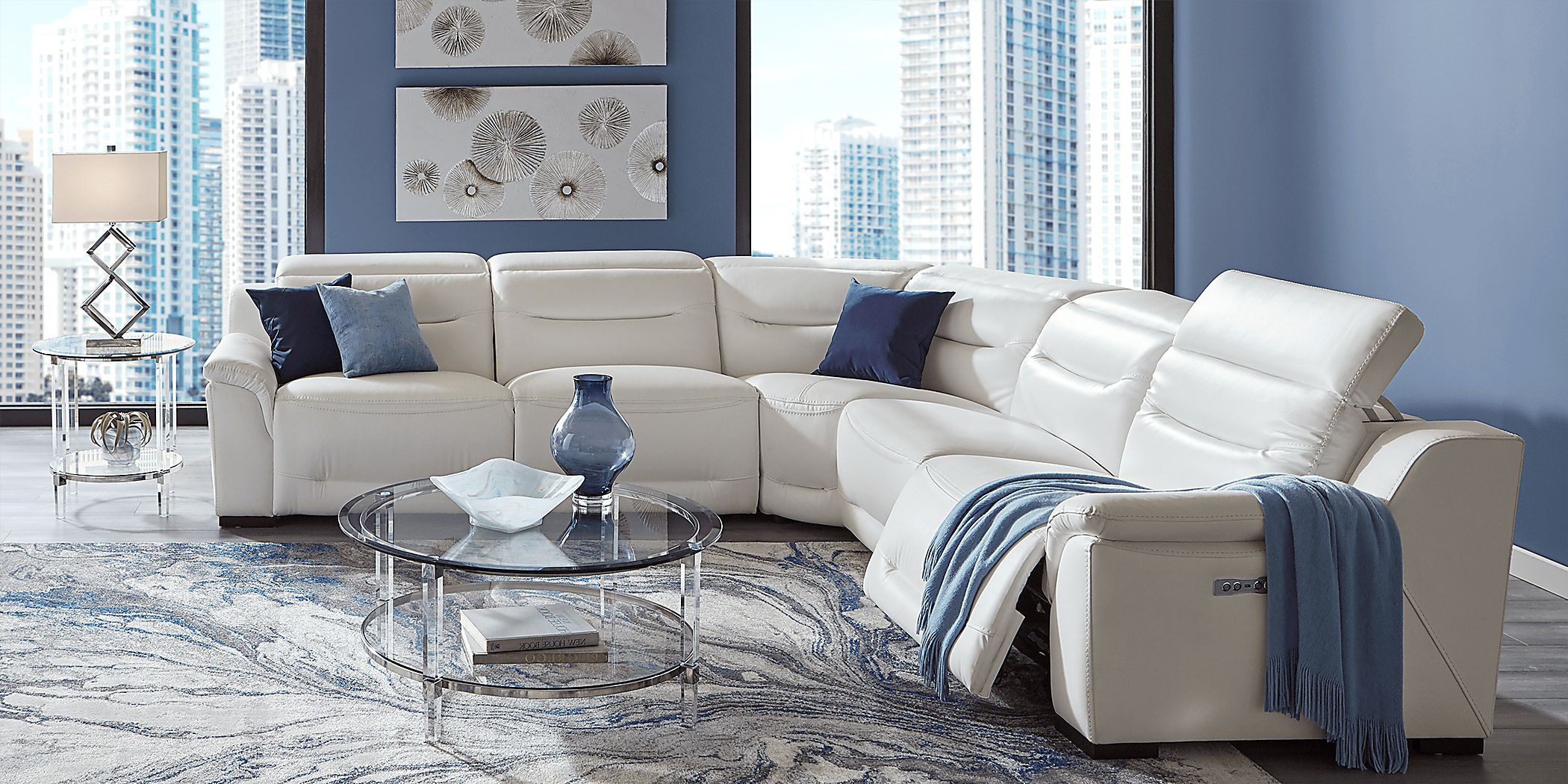 BELLGIO ホワイト スリムフィット 28 パープル Sofia Vergara Gallia Way White Leather 5 Pc Dual Power Reclining