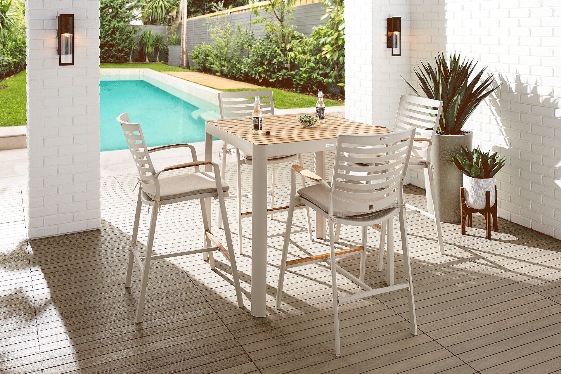 Garden View Sand 5 Pc Square Outdoor Bar Height Dining Room - Image 1