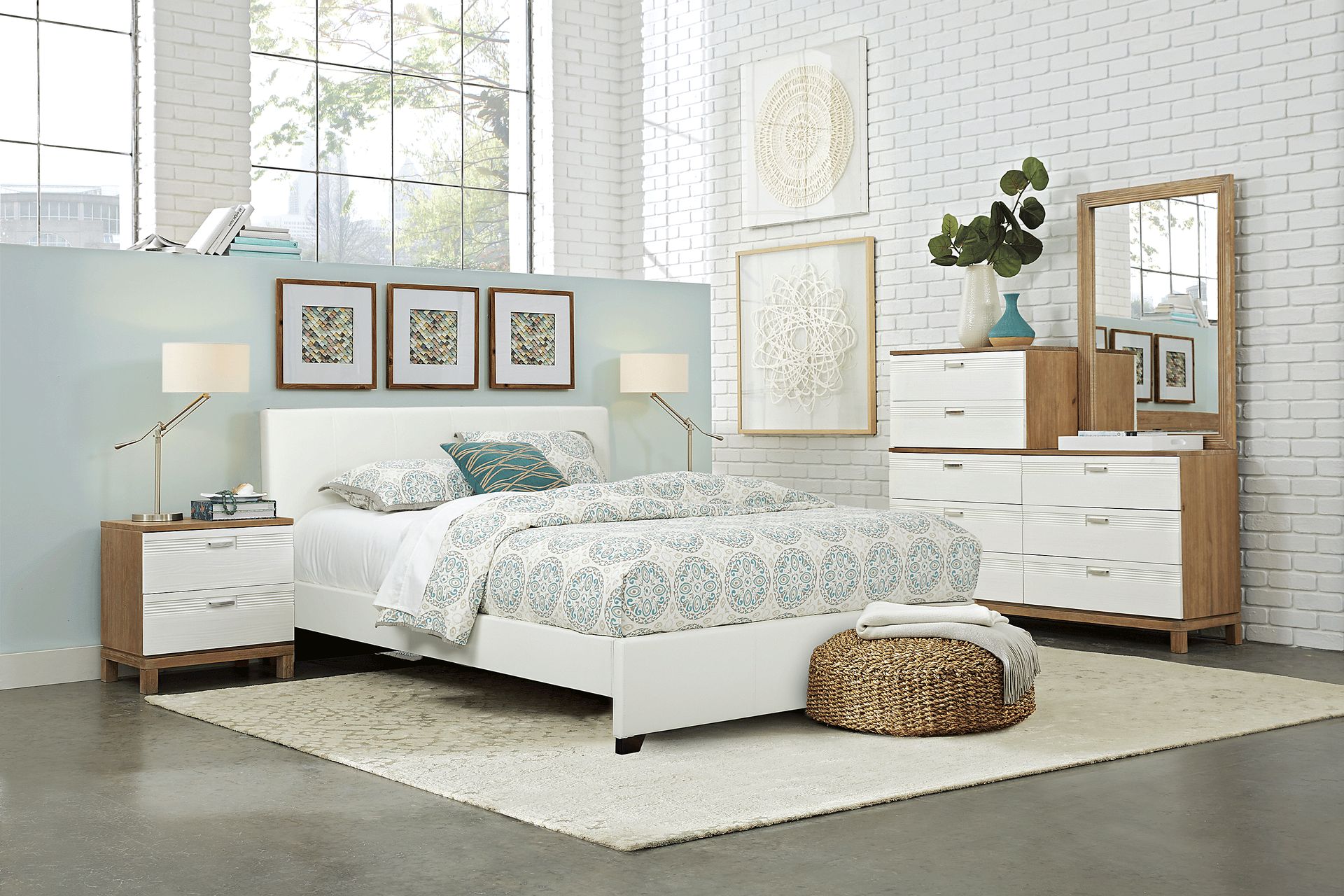 Gardenia Pecan 6 Pc Queen Bedroom with White Upholstered Bed - Image 1